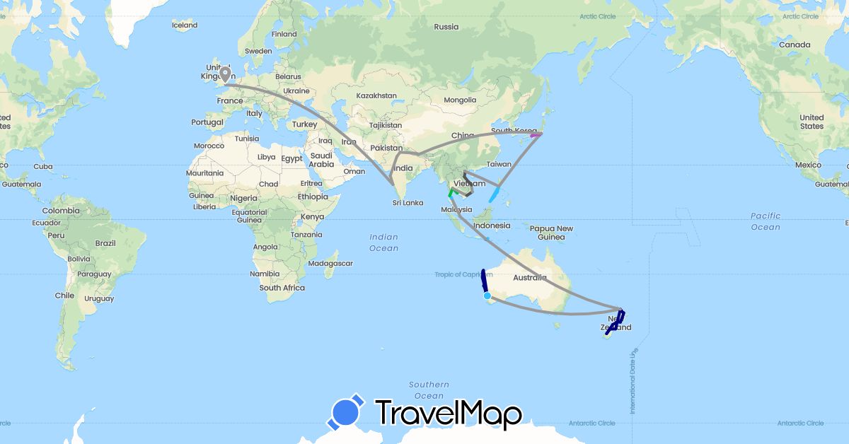 TravelMap itinerary: driving, bus, plane, train, boat, motorbike in Australia, United Kingdom, Indonesia, India, Japan, Nepal, New Zealand, Philippines, Singapore, Thailand, Vietnam (Asia, Europe, Oceania)